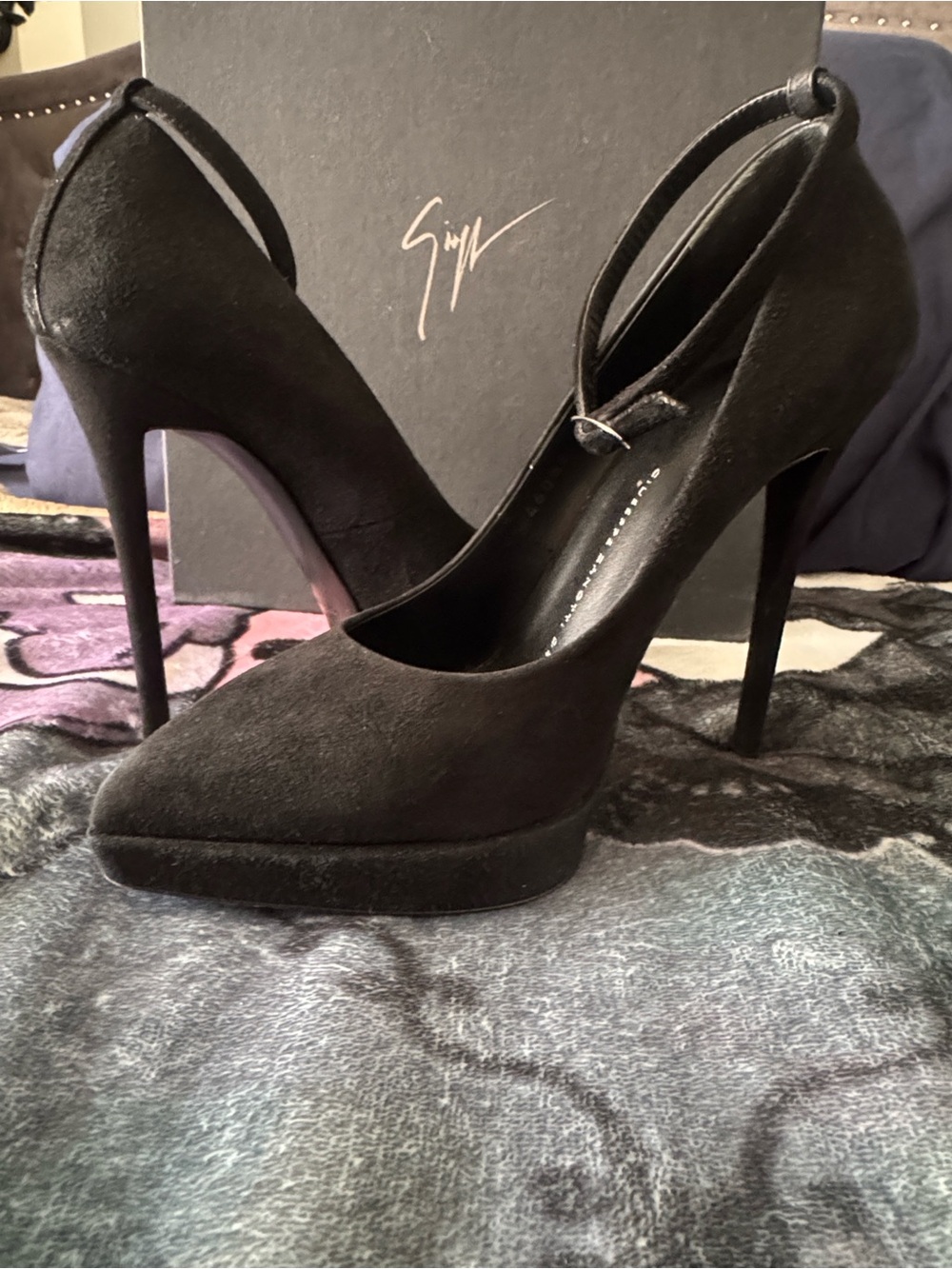 Giuseppe Zanotti Black Suede Platform w/ ankle strap Stiletto Heels